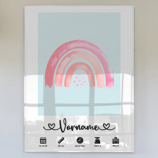Persönliches Acrylglas Bild Geburt Regenbogen Rosa Blaugrau
