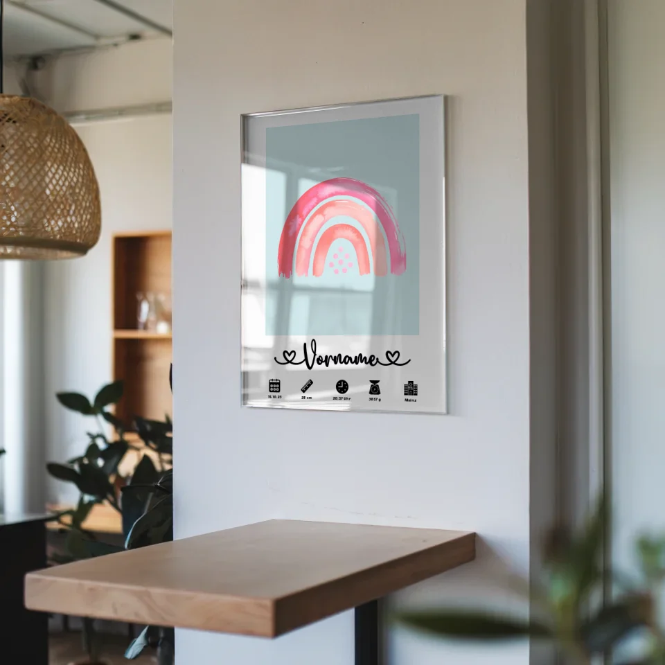 Persönliches Acrylglas Bild Geburt Regenbogen Rosa Blaugrau