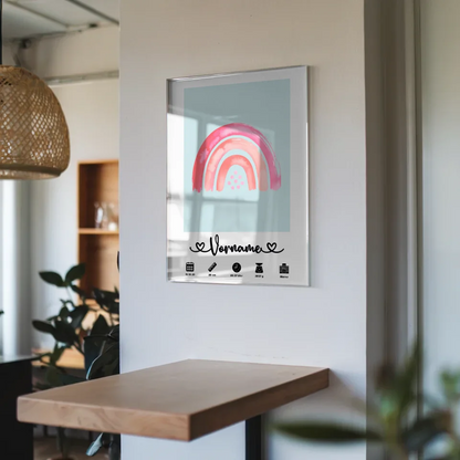 Persönliches Acrylglas Bild Geburt Regenbogen Rosa Blaugrau