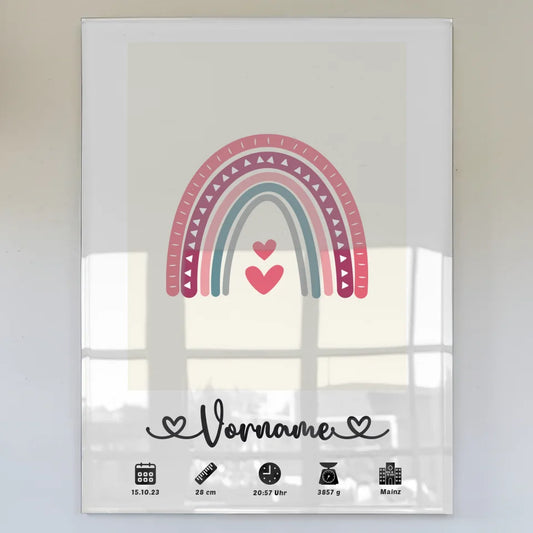 Personalisiertes Acrylglas Bild Geburtsdaten Regenbogen Beige mit Name