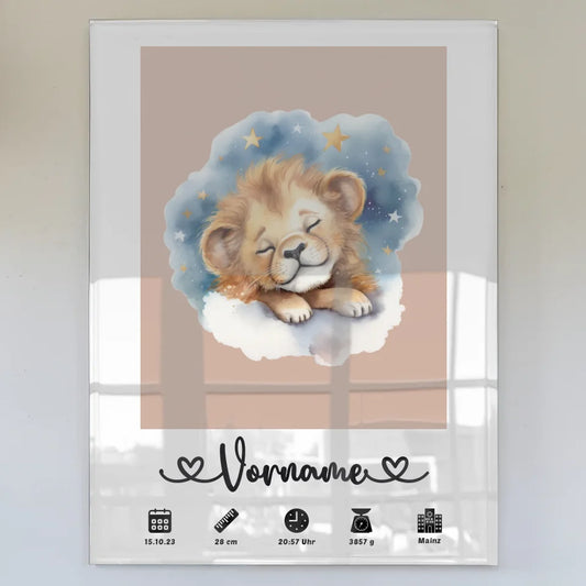 Personalisiertes Acrylglas Bild Löwenbaby Geburtsdaten Altrosa