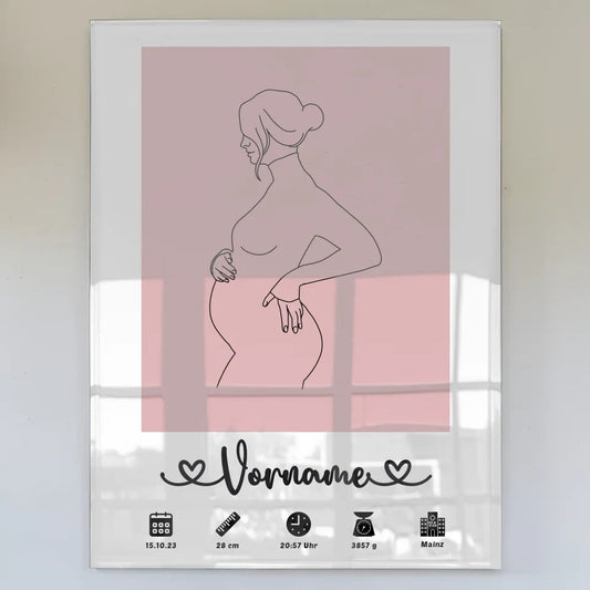 Personalisiertes Acrylglas Bild Geburtsdaten Lineart Schwanger Altrosa