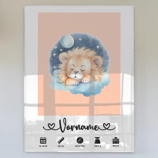 Personalisiertes Acrylglas Bild Löwen Baby Geburtsdaten Beigerot