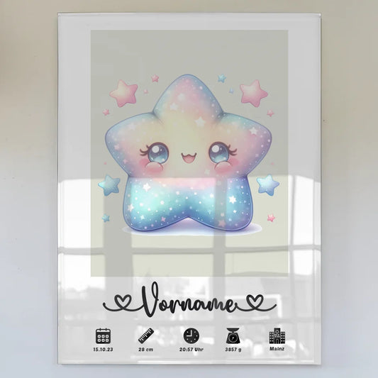 Personalisiertes Acrylglas Bilder mit Geburtsdaten Sternchen Grauweiß