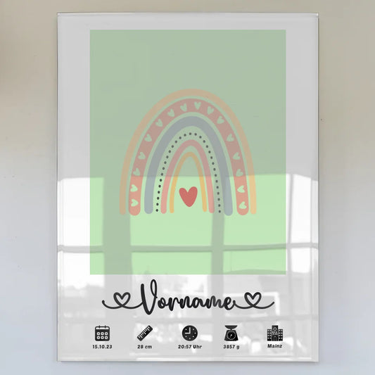 Acrylglas Bild Geburt personalisiert Regenbogen Herz mit Name Weißgrün