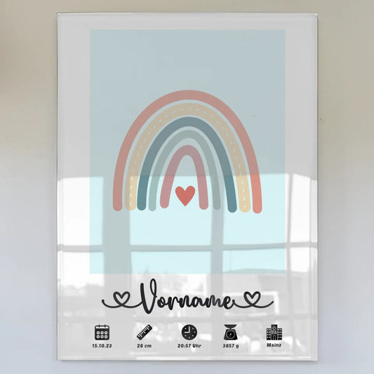 Personalisiertes Acrylglas Bild Geburtsdaten Regenbogen Vintage Pastellblau