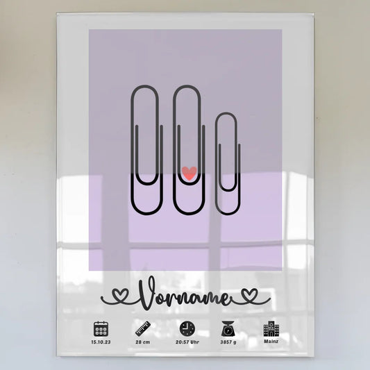 Personalisiertes Acrylglas Bild mit Geburtsdaten Flieder Klammern Kinderzimmer