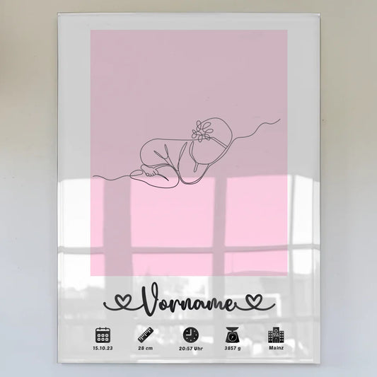 Acrylglas Bild Geburt Baby Schläft Lineart Hellrosa personalisiert Kinderzimmer