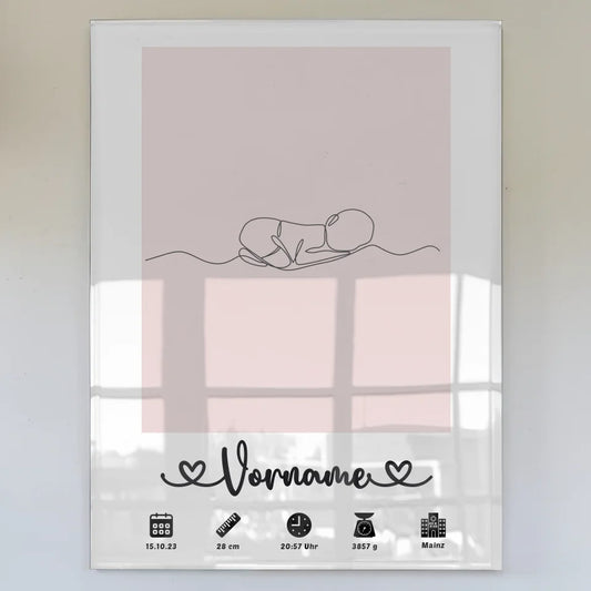 Personalisiertes Acrylglas Bild Geburtsdaten Baby Lineart Rotviolett