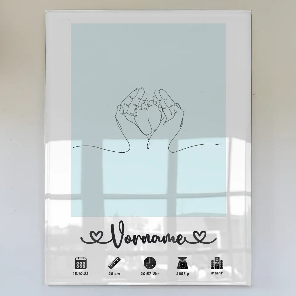 Personalisiertes Acrylglas Bild Geburt Babyfüße Lineart Blaugrau mit Name