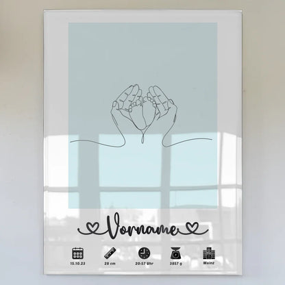 Personalisiertes Acrylglas Bild Geburt Babyfüße Lineart Blaugrau mit Name