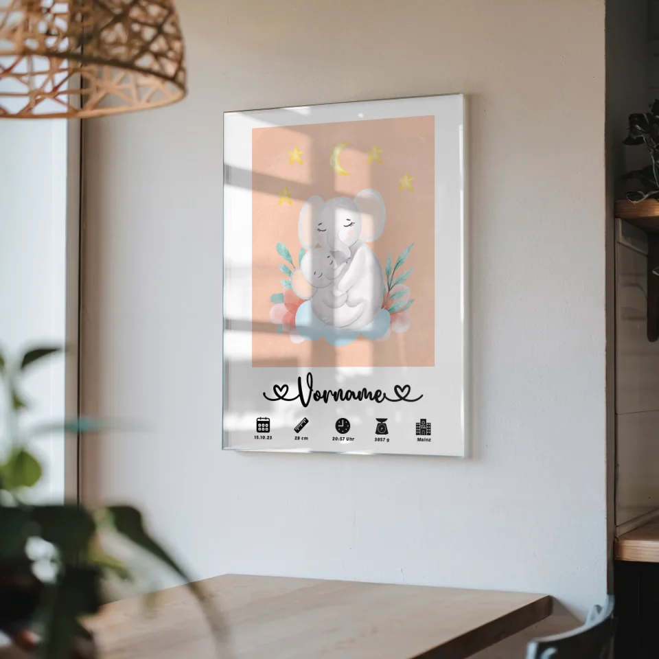 Personalisiertes Acrylglas Bild mit Geburtsdaten Elefanten Mama Beigerot
