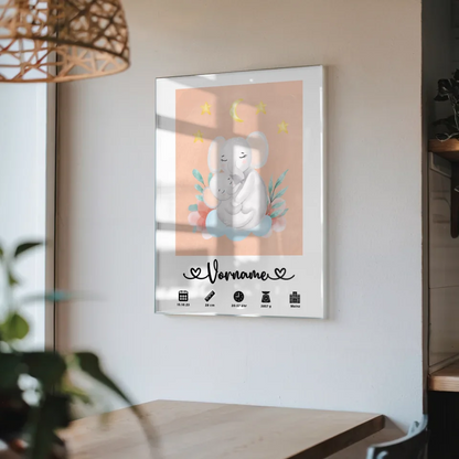 Personalisiertes Acrylglas Bild mit Geburtsdaten Elefanten Mama Beigerot
