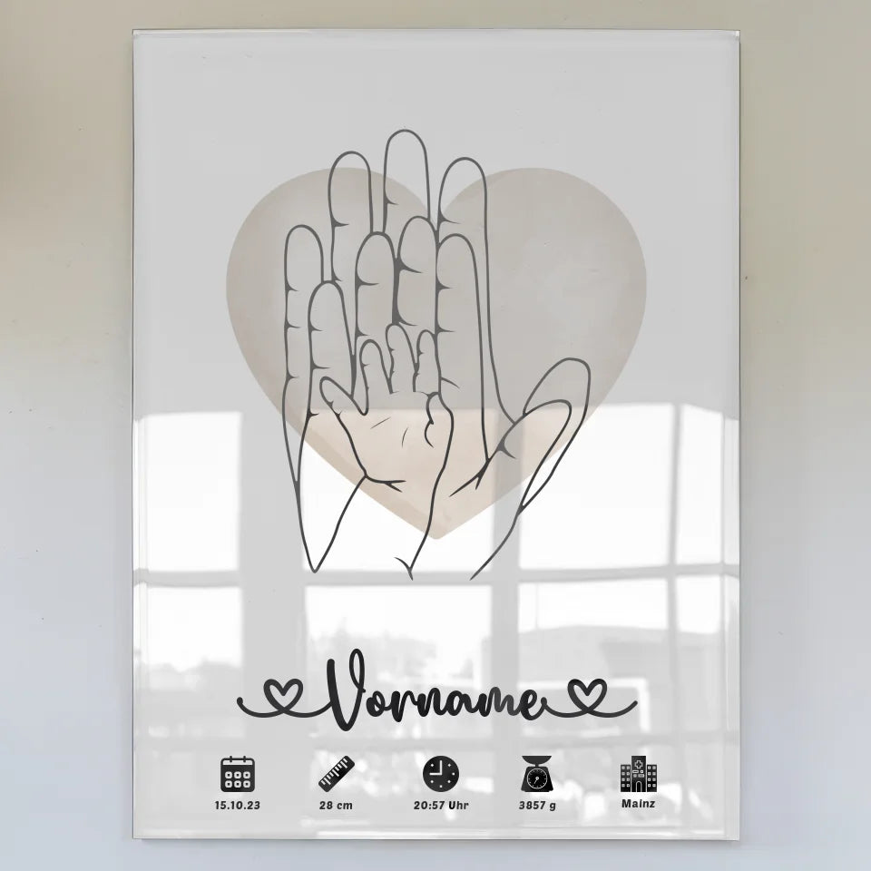 Acrylglas Bild Geburt Wasserfarben Herz Hände Lineart personalisiert Kinderzimmer