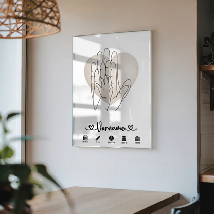 Acrylglas Bild Geburt Wasserfarben Herz Hände Lineart personalisiert Kinderzimmer