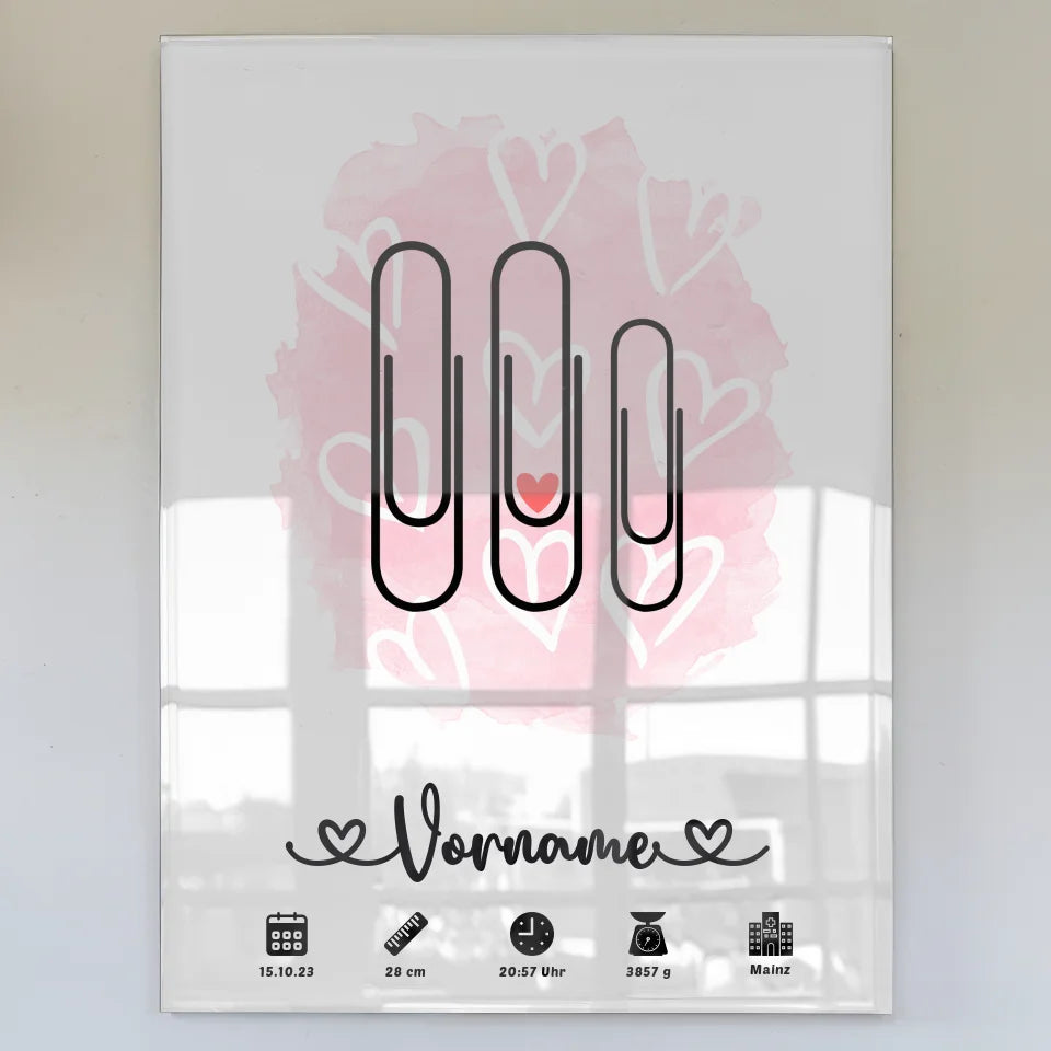 Personalisiertes Geburtsdaten Acrylglas Bild Herzchen Rosa Klammern