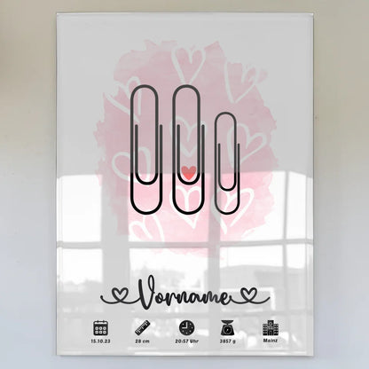 Personalisiertes Geburtsdaten Acrylglas Bild Herzchen Rosa Klammern