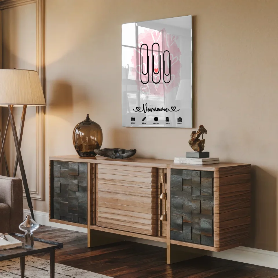 Personalisiertes Geburtsdaten Acrylglas Bild Herzchen Rosa Klammern