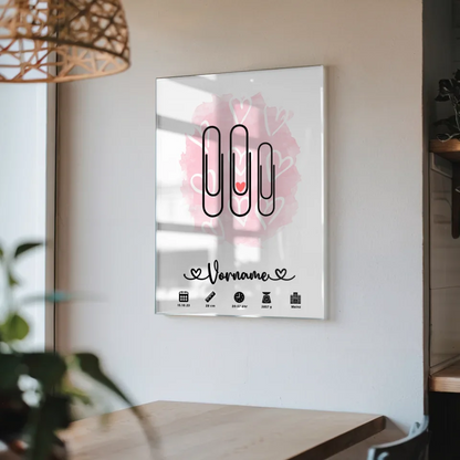 Personalisiertes Geburtsdaten Acrylglas Bild Herzchen Rosa Klammern