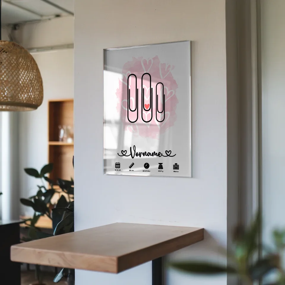 Personalisiertes Geburtsdaten Acrylglas Bild Herzchen Rosa Klammern