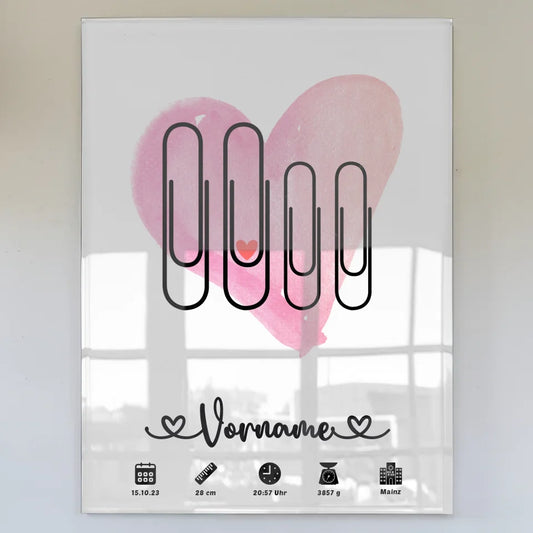 Acrylglas Bild Geburt Watercolor Herz Lila Rot mit Name für Kinderzimmer