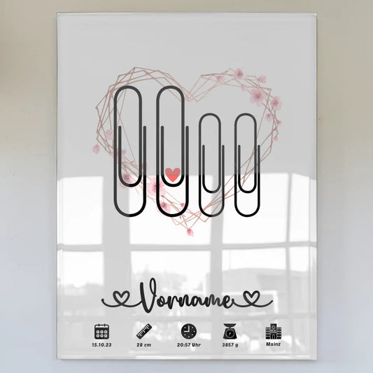 Personalisiertes Acrylglas Bild Geburtsdaten Blüten Rahmen Klammern