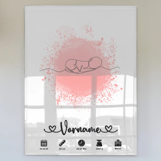 Acrylglas Bild Personalisiert Geburtsdaten Farbspitzer Rosa Baby Lineart