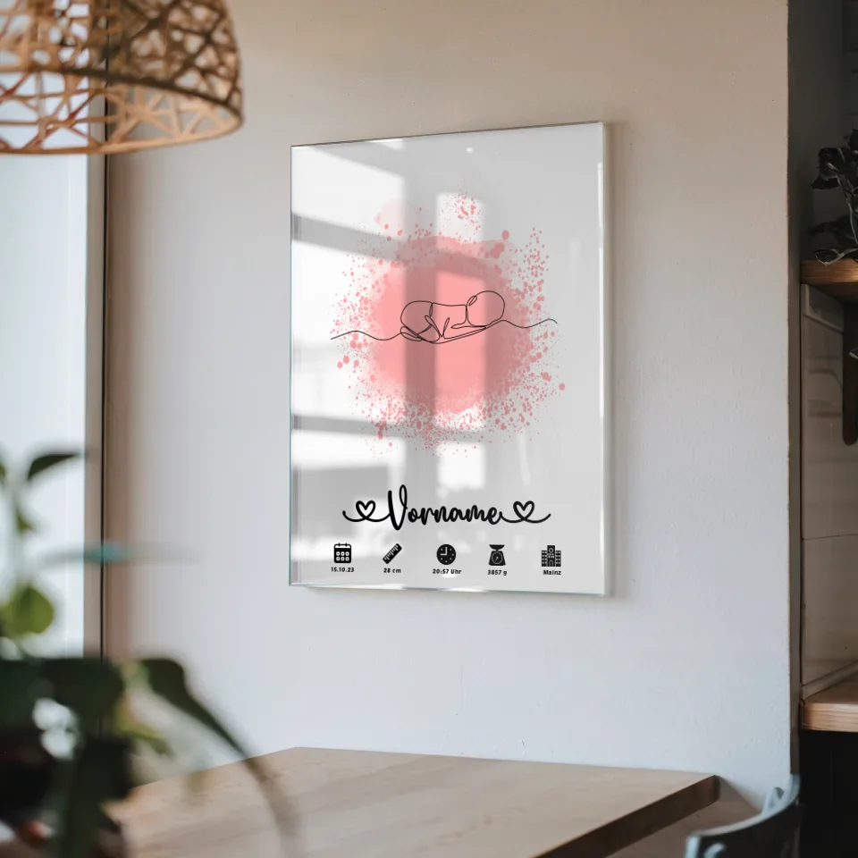 Acrylglas Bild Personalisiert Geburtsdaten Farbspitzer Rosa Baby Lineart