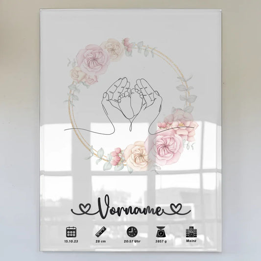 Personalisiertes Acrylglas Bild mit Geburtsdaten und Babyfüßen