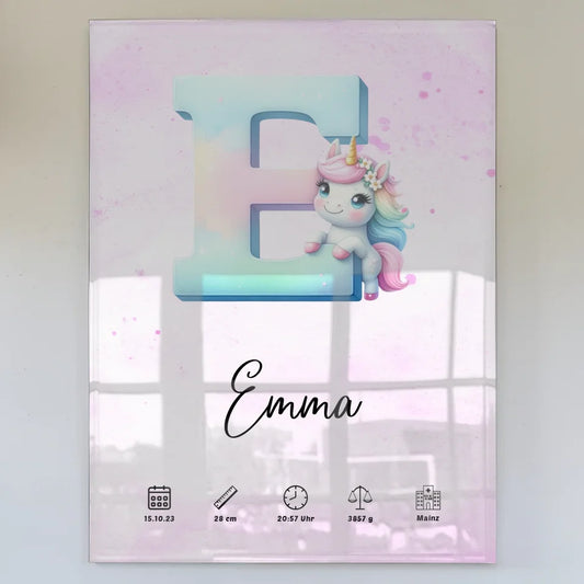 Acrylglas Bild Buchstaben E Lila für Geburt personalisiert