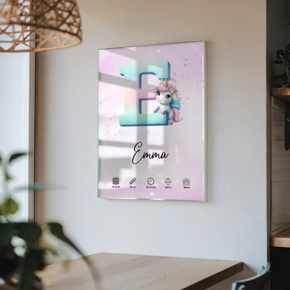 Acrylglas Bild Buchstaben E Lila für Geburt personalisiert