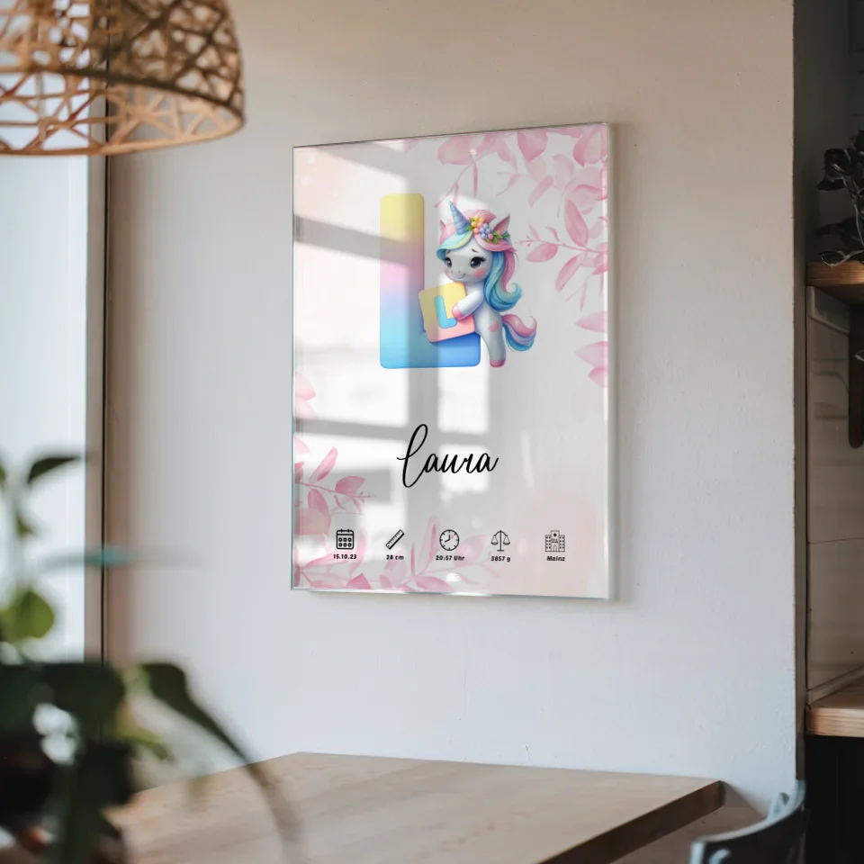 Personalisiertes Acrylglas Bild Buchstabe L Rosa Floral für Geburt A-Z