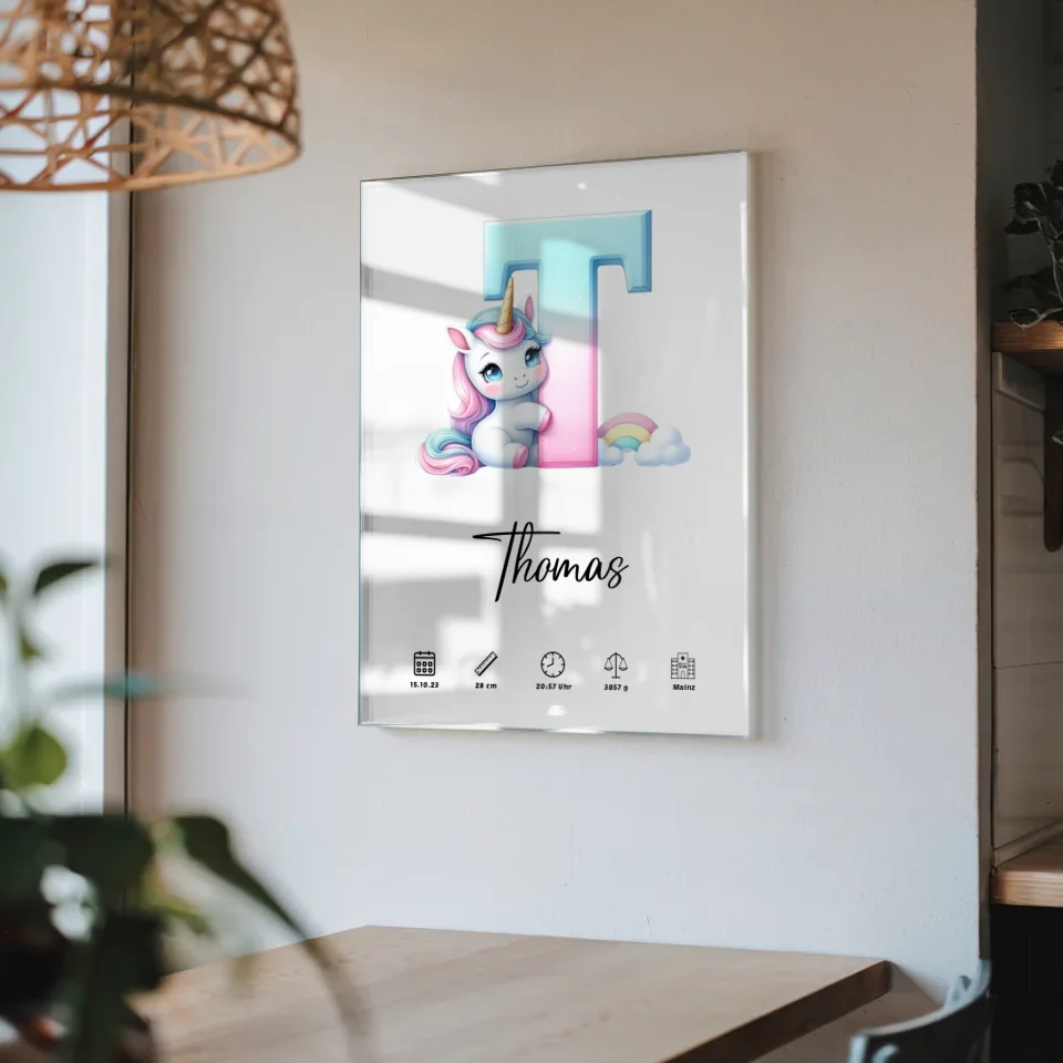 Buchstaben Acrylglas Bild mit Buchstabe T für Geburt Personalisiert