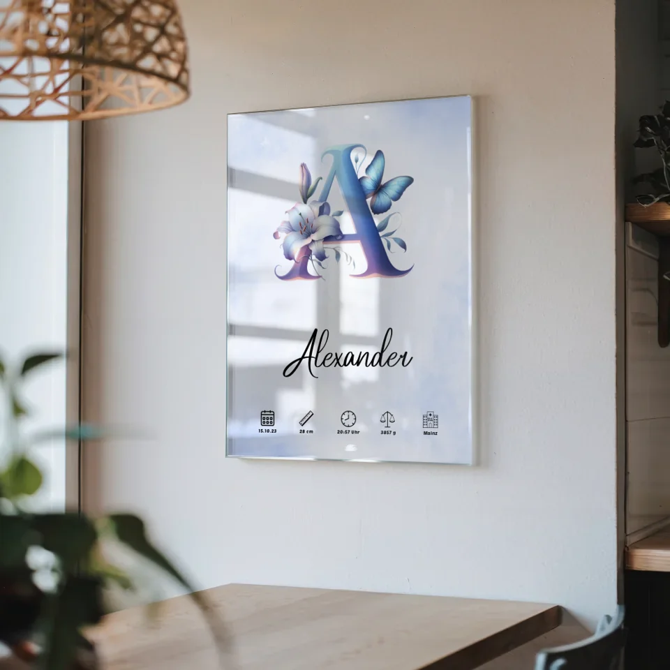 Acrylglas Bild Buchstaben A Wasserfarben Stil Hellblau Personalisiert