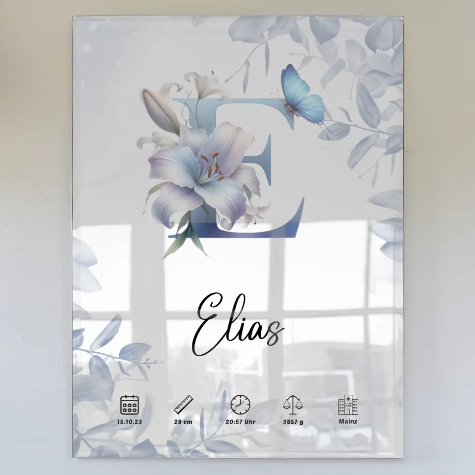 Acrylglas Bild Anfangsbuchstaben Buchstabe E Eucalyptus Blau personalisiert