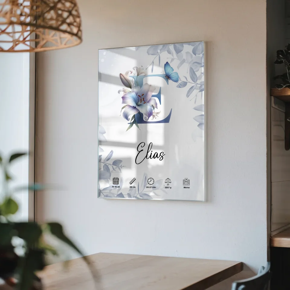 Acrylglas Bild Anfangsbuchstaben Buchstabe E Eucalyptus Blau personalisiert