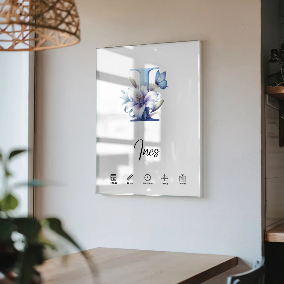Acrylglas Bild Buchstabe I personalisiert für Geburt A-Z
