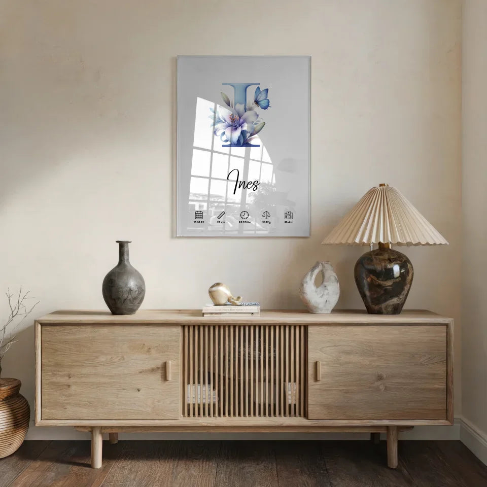 Acrylglas Bild Buchstabe I personalisiert für Geburt A-Z
