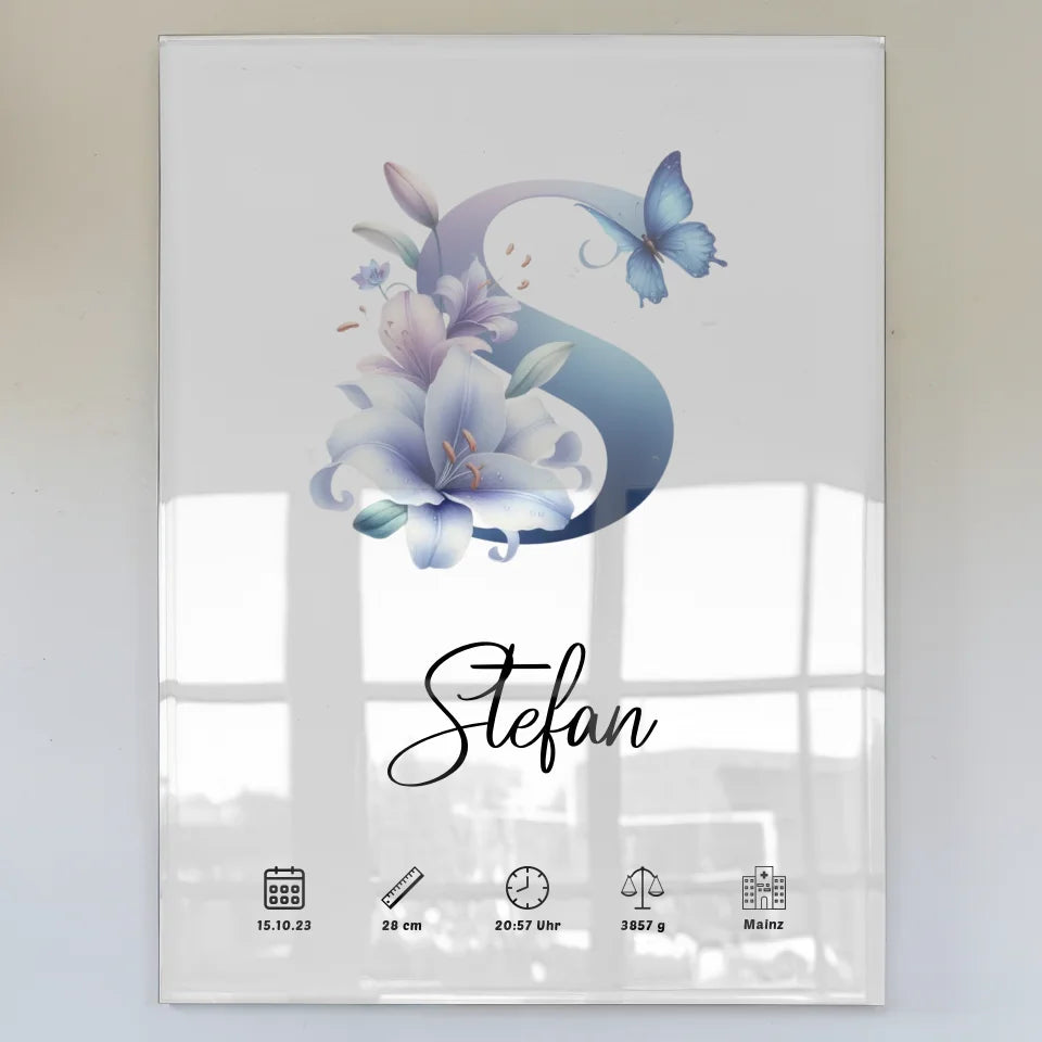 Personalisiertes Acrylglas Bild Buchstabe S für Geburt A-Z