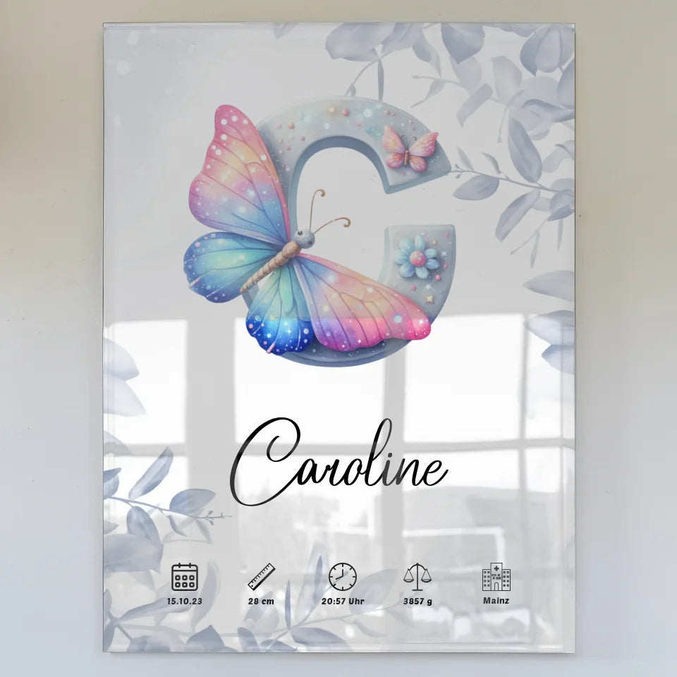 Personalisierbares Acrylglas Bild Buchstabe C Eucalyptus Blau Geburt