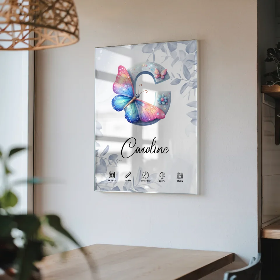 Personalisierbares Acrylglas Bild Buchstabe C Eucalyptus Blau Geburt