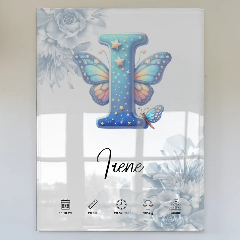 Personalisiertes Acrylglas Bild Anfangsbuchstaben I Blüten Blau Geburt