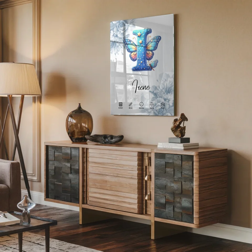 Personalisiertes Acrylglas Bild Anfangsbuchstaben I Blüten Blau Geburt