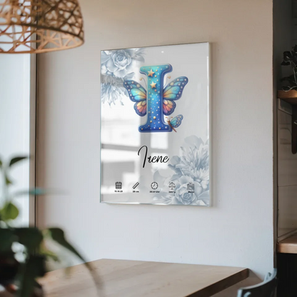 Personalisiertes Acrylglas Bild Anfangsbuchstaben I Blüten Blau Geburt
