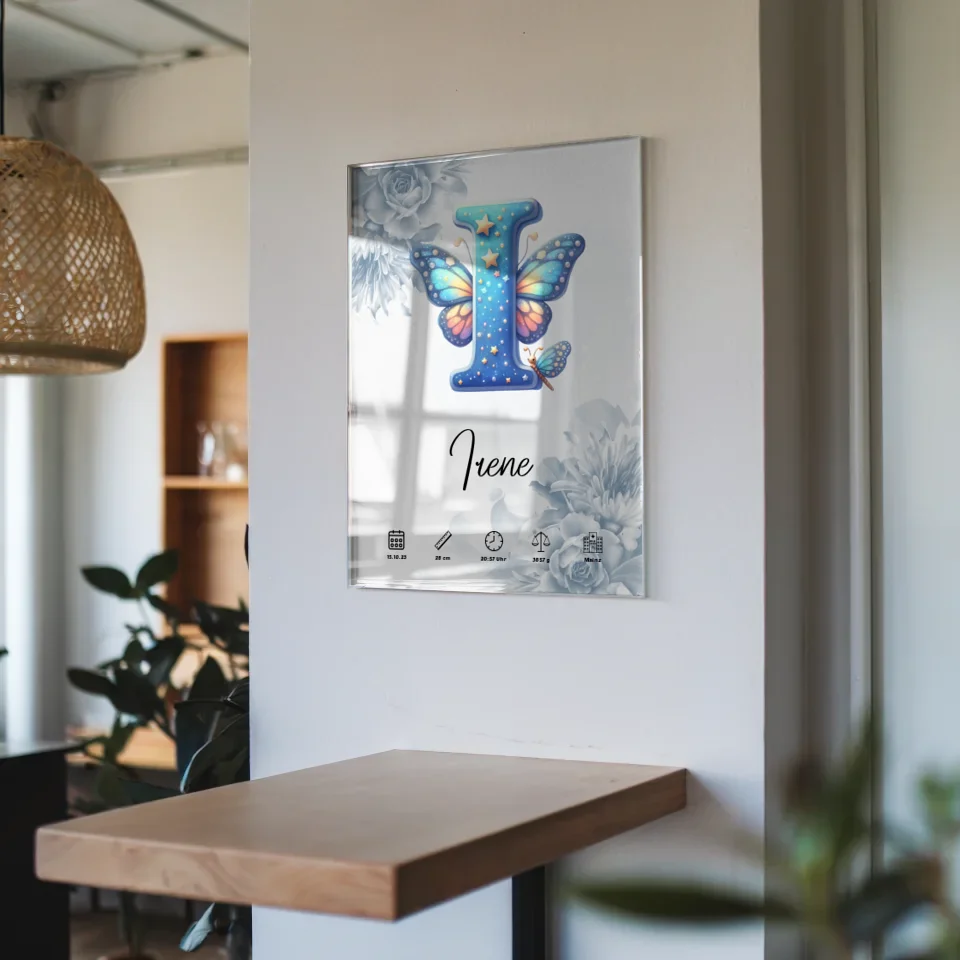 Personalisiertes Acrylglas Bild Anfangsbuchstaben I Blüten Blau Geburt