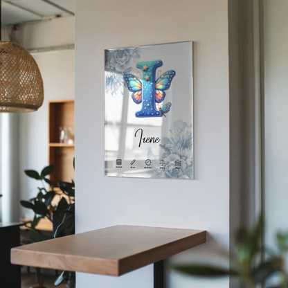 Personalisiertes Acrylglas Bild Anfangsbuchstaben I Blüten Blau Geburt