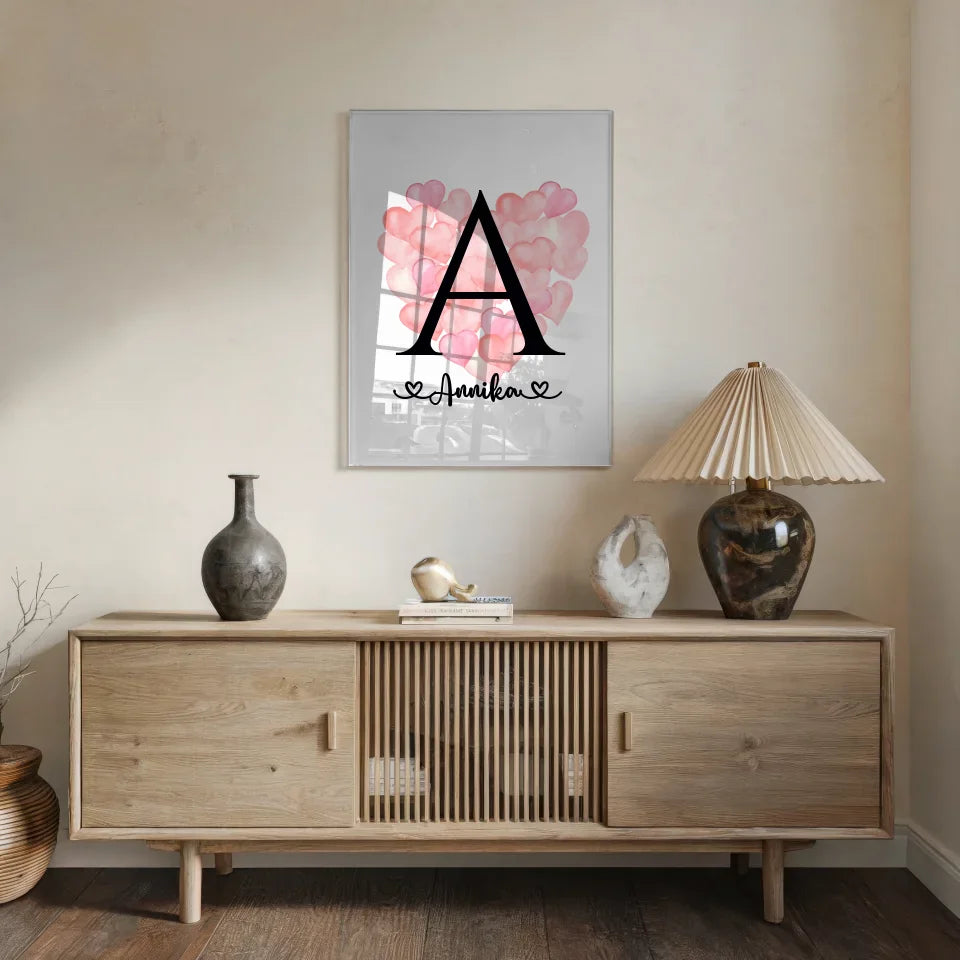 Acrylglas Bild Buchstabe A mit Ballonherzen für jeden Anlass