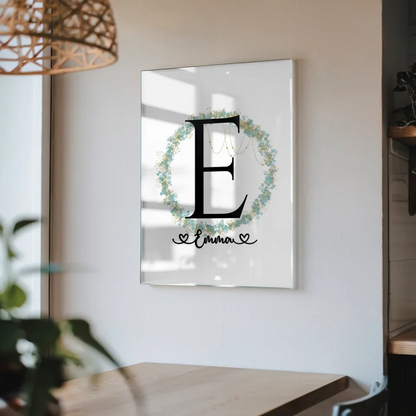 Personalisiertes Acrylglas Bild Anfangsbuchstaben E mit Blätter Kranz A-Z