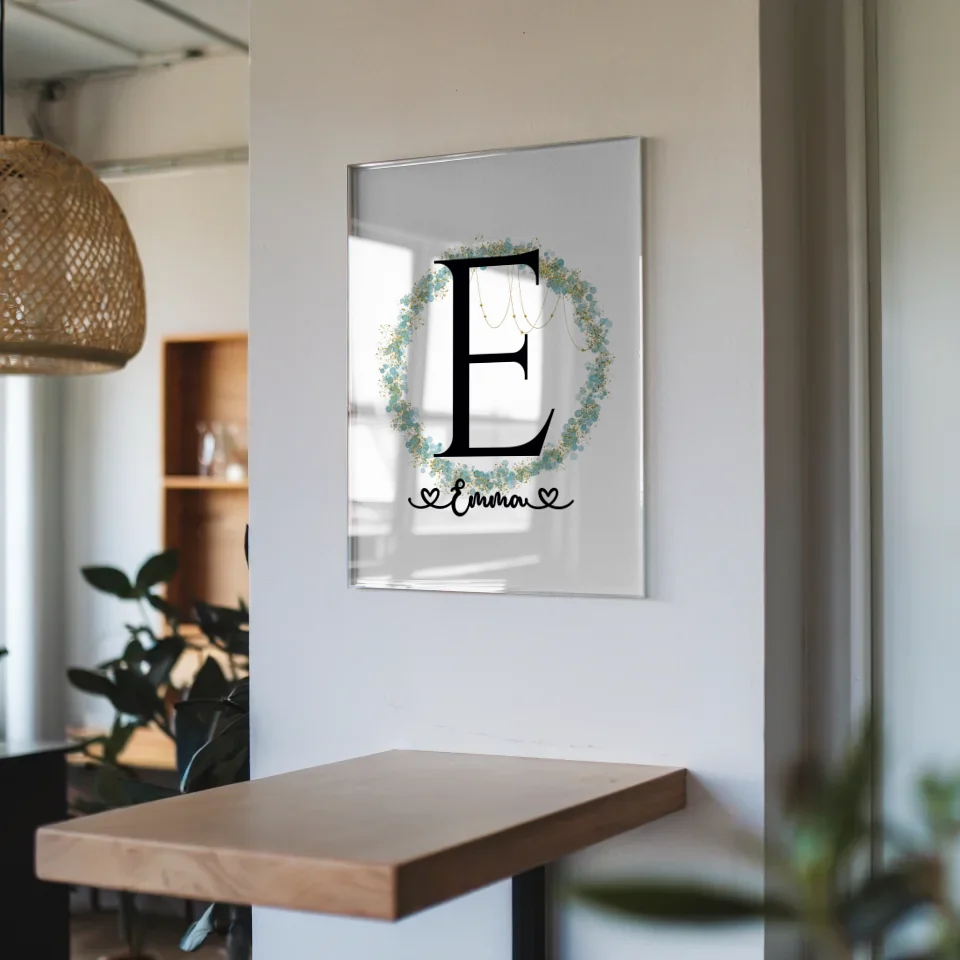 Personalisiertes Acrylglas Bild Anfangsbuchstaben E mit Blätter Kranz A-Z