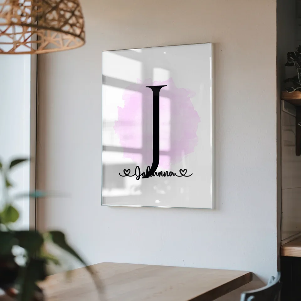 Personalisiertes Acrylglas Bild Anfangsbuchstaben J Pinsel Klecks Rosa